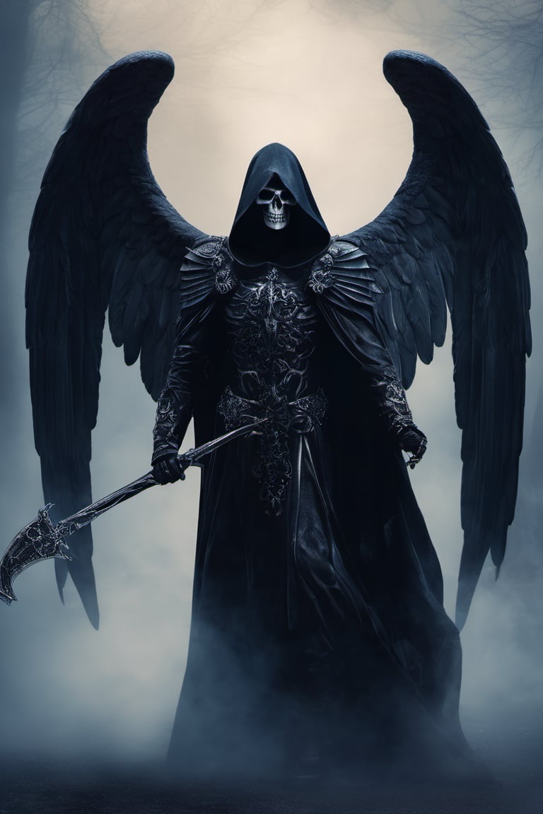 a dark - haired grim with a scythe standing in the fog, the angel of death, angel of death, the angel of death with a halo, portrait of the angel of death, beautiful male god of death, portrait of the death angel, god of death, thanatos, dark fantasy art, grim reaper, dark angel, dark fantasy style art, fantasy dark art