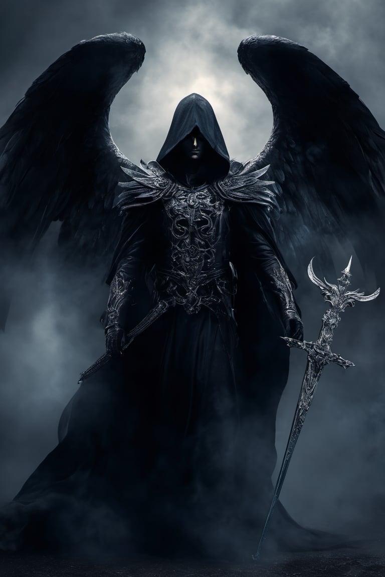 a dark - haired grim with a scythe standing in the fog, the angel of death, angel of death, the angel of death with a halo, portrait of the angel of death, beautiful male god of death, portrait of the death angel, god of death, thanatos, dark fantasy art, grim reaper, dark angel, dark fantasy style art, fantasy dark art