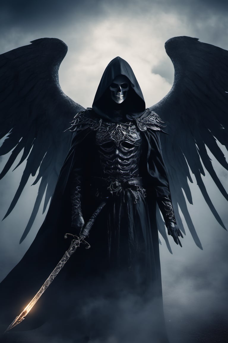 a dark - haired grim with a scythe standing in the fog, the angel of death, angel of death, the angel of death with a halo, portrait of the angel of death, beautiful male god of death, portrait of the death angel, god of death, thanatos, dark fantasy art, grim reaper, dark angel, dark fantasy style art, fantasy dark art