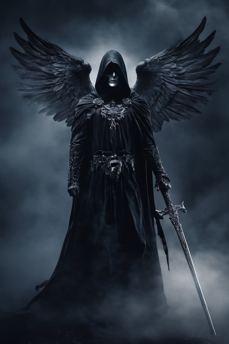 a dark - haired grim with a scythe standing in the fog, the angel of death, angel of death, the angel of death with a halo, portrait of the angel of death, beautiful male god of death, portrait of the death angel, god of death, thanatos, dark fantasy art, grim reaper, dark angel, dark fantasy style art, fantasy dark art