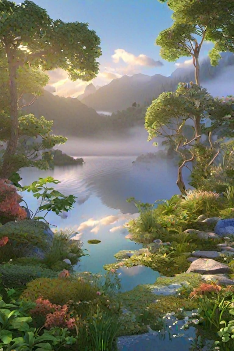 "Create an immersive natural landscape using the Tensor Art Natural module. Your task is to craft a serene scene inspired...