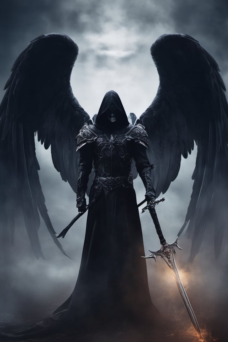 a dark - haired grim with a scythe standing in the fog, the angel of death, angel of death, the angel of death with a halo, portrait of the angel of death, beautiful male god of death, portrait of the death angel, god of death, thanatos, dark fantasy art, grim reaper, dark angel, dark fantasy style art, fantasy dark art