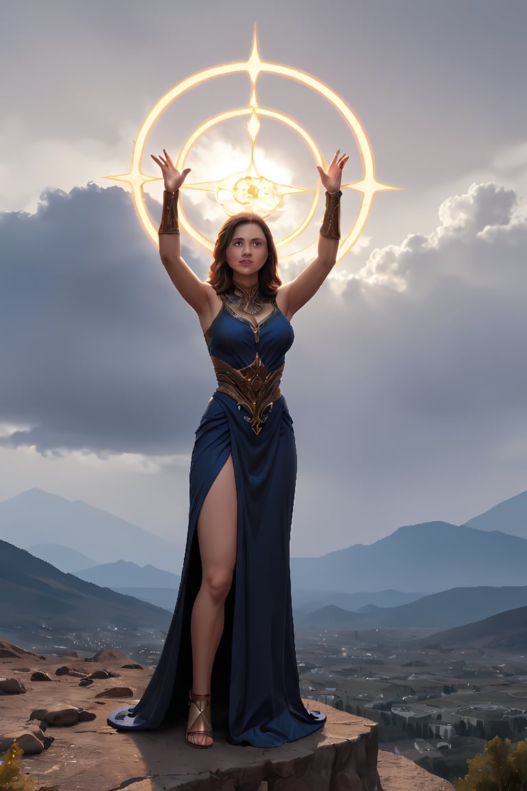 A celestial figure clad in shimmering robes stands atop a mountain peak at dusk, with clouds of apocalyptic orange and crimson hues gathering behind. The messenger's arms outstretched, palms facing the heavens as they gaze down upon the mortal realm below. A halo of golden light surrounds their head, illuminating their solemn expression. In the distance, cities and towns are shrouded in a thick, gray mist, symbolizing the impending doom.,renaissance,photorealistic