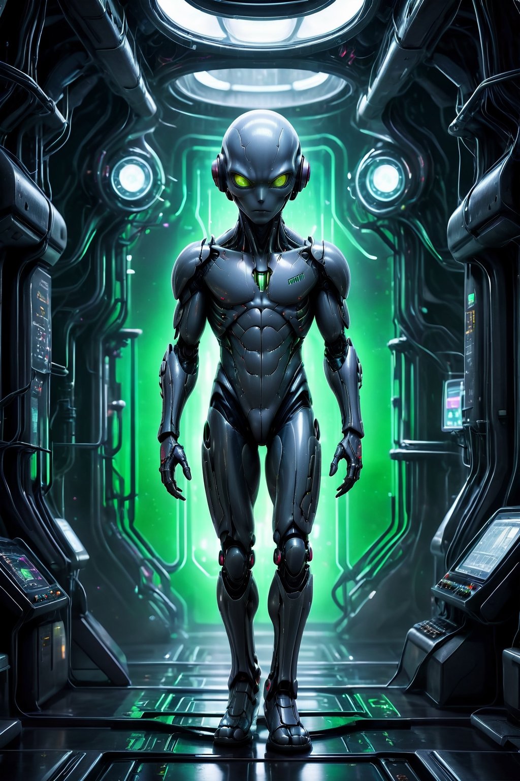 A captivating and futuristic image of a grey alien in an avant-garde style,  reminiscent of alienpunk. The alien is standi...