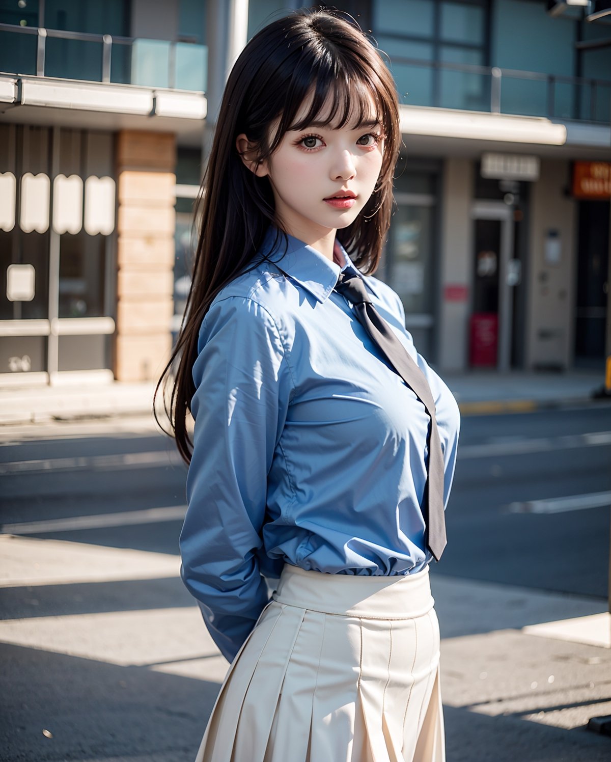 1girl, solo, medium hair, looking at viewer, bangs, large breasts, black hair, straight hair, brown eyes, standing with arms behind back, light blue collared shirt, long sleeve, cowboy shot, black formal tie, blue shirt, lips, black pleated skirt, makeup, girly style, school girl look, arms behind back, realistic, black skirt, in city, stanidng with arms behind back, busty, skinny, 