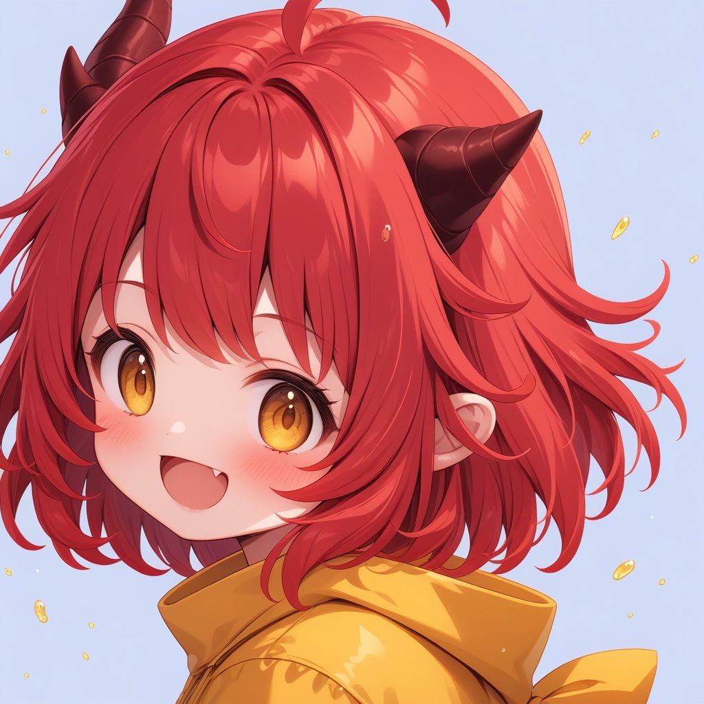 cute dragon girl, cute dragon girl, 18yo, red hair, shiny crimson red hair, short hair, bangs, dragon horns, upper body, weaing a yellow raincoat, bright smile, fang, ,,1dragon girl,,,anya forger,<lora:659095807385103906:1.0>,<lora:659095807385103906:1.0>