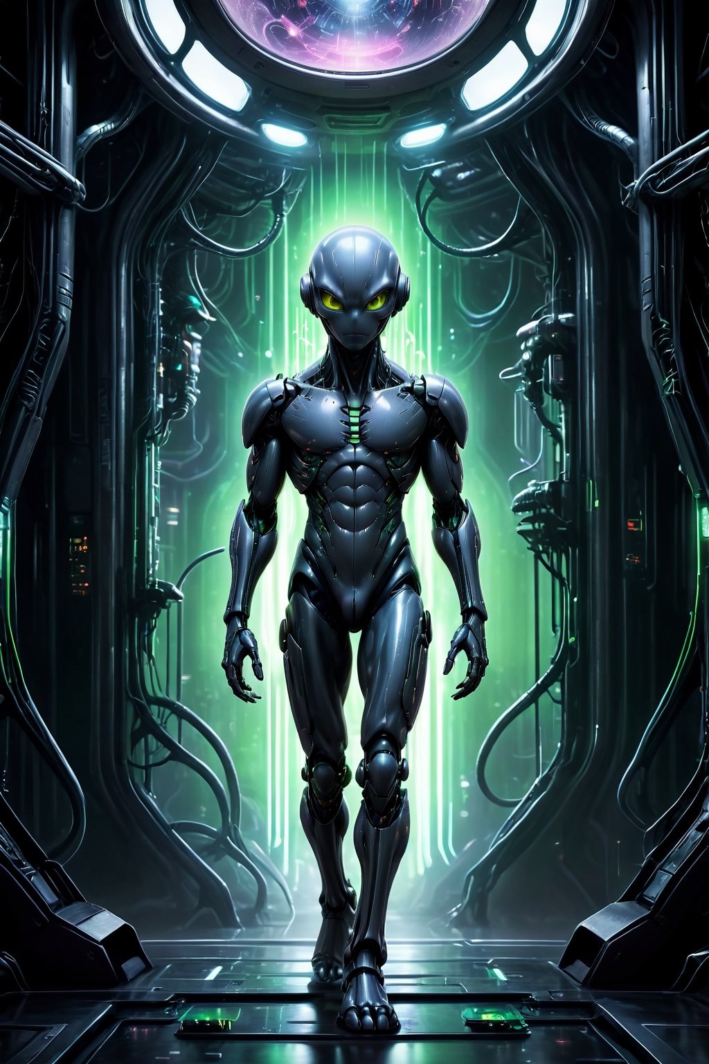 A captivating and futuristic depiction of a grey alien in an avant-garde,  alienpunk style. The alien,  with a metallic si...