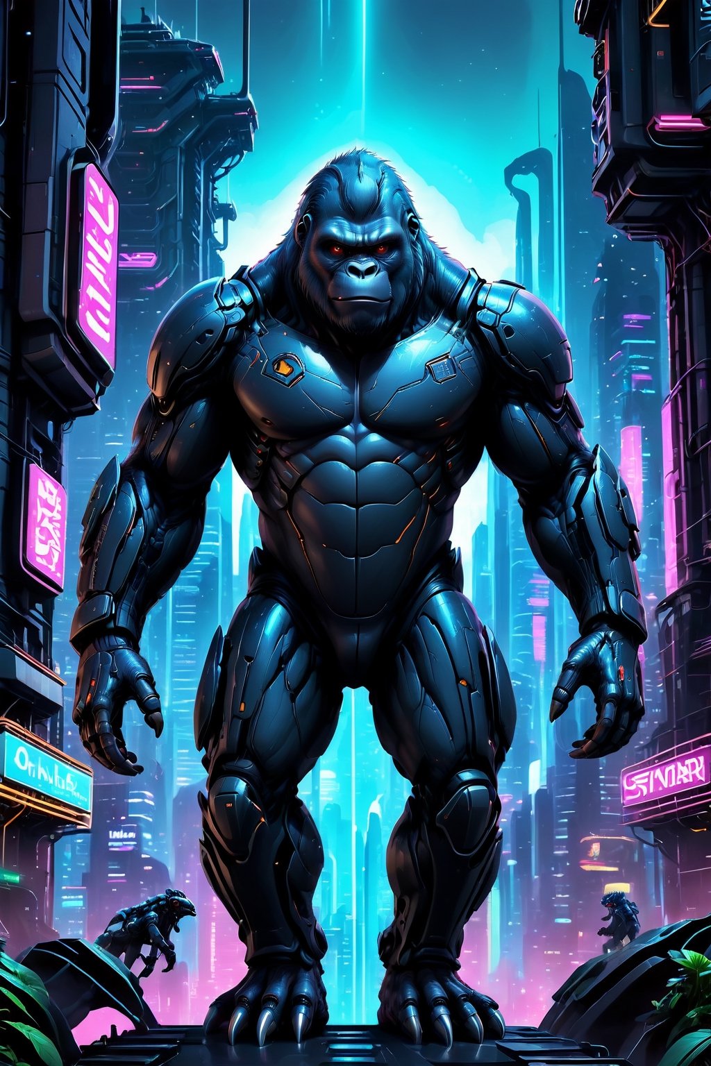 A striking futuristic scene of a gorilla-alien hybrid in a sci-fi environment. The gorilla is adorned with advanced techno...