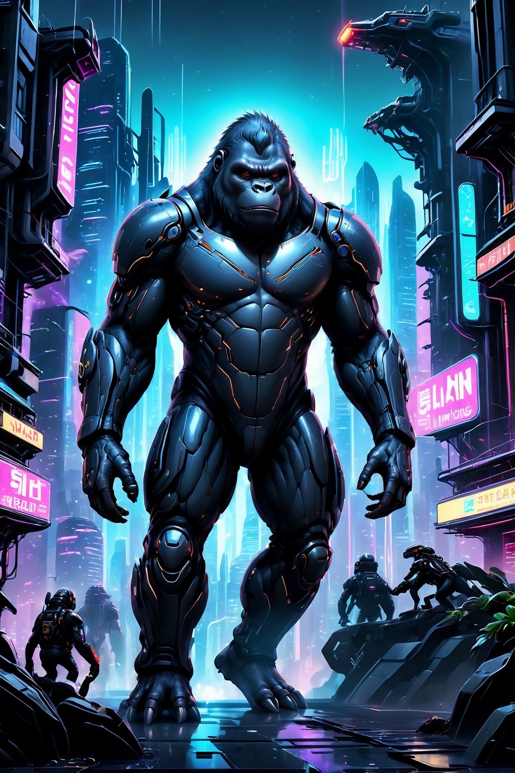 A striking futuristic scene of a gorilla-alien hybrid in a sci-fi environment. The gorilla is adorned with advanced techno...
