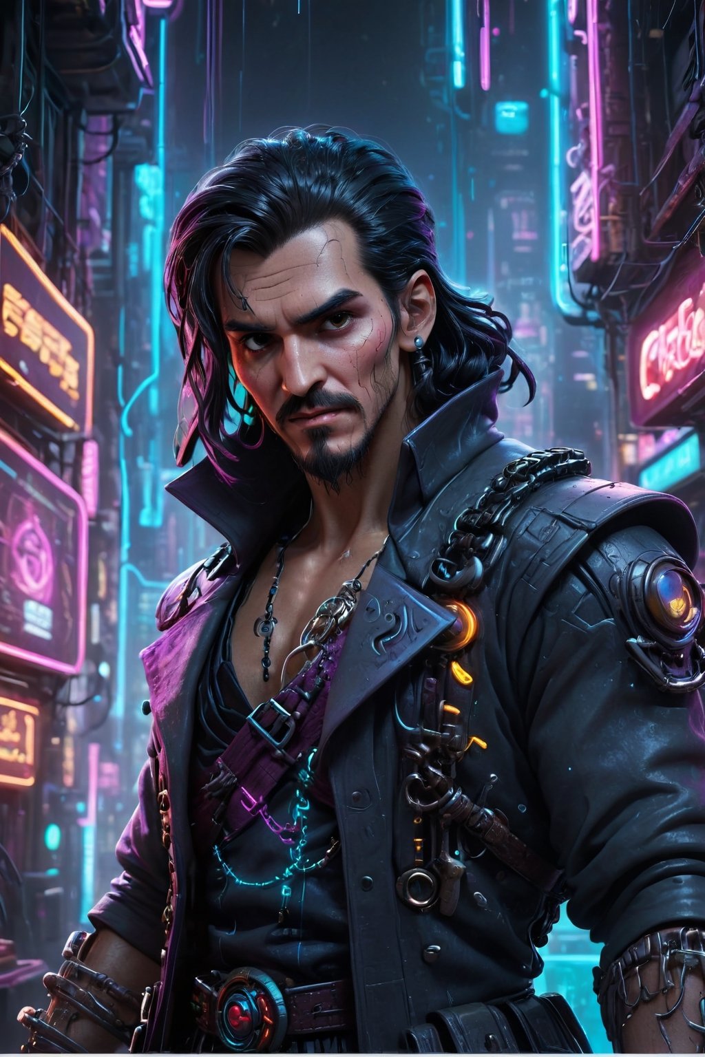 Immerse yourself in the cyberpunk realm as a hyper-realistic illustration materializes, featuring the iconic figure of Captain Hook. At its core, an intricately detailed hook steals the spotlight – a cybernetic marvel with metallic intricacies, intertwined with pulsating LED lights. The captain's weathered hand, a fusion of human resilience and technological augmentation, tightly grips the symbolic hook, embodying a lifetime of gritty battles and clandestine dealings in the digital underbelly. Amidst the backdrop of flickering neon lights and cascading lines of code, this 3D-generated masterpiece captures the essence of Hook's indomitable spirit, symbolizing the intertwining of humanity and technology in the cyberpunk tapestry.