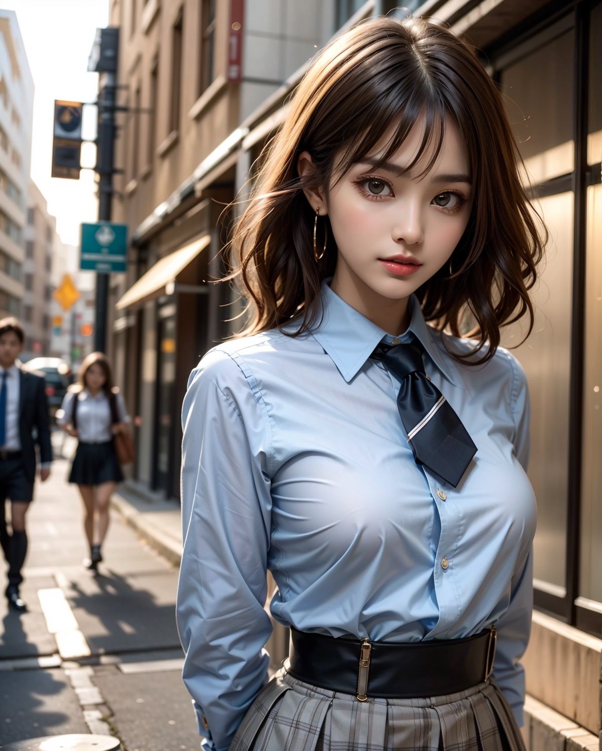 1girl, solo, medium hair, looking at viewer, bangs, large breasts, black hair, straight hair, brown eyes, standing with arms behind back, light blue collared shirt, long sleeve, cowboy shot, black formal tie, blue shirt, lips, black pleated skirt, makeup, girly style, school girl look, arms behind back, realistic, black skirt, in city, stanidng with arms behind back, busty, skinny, 