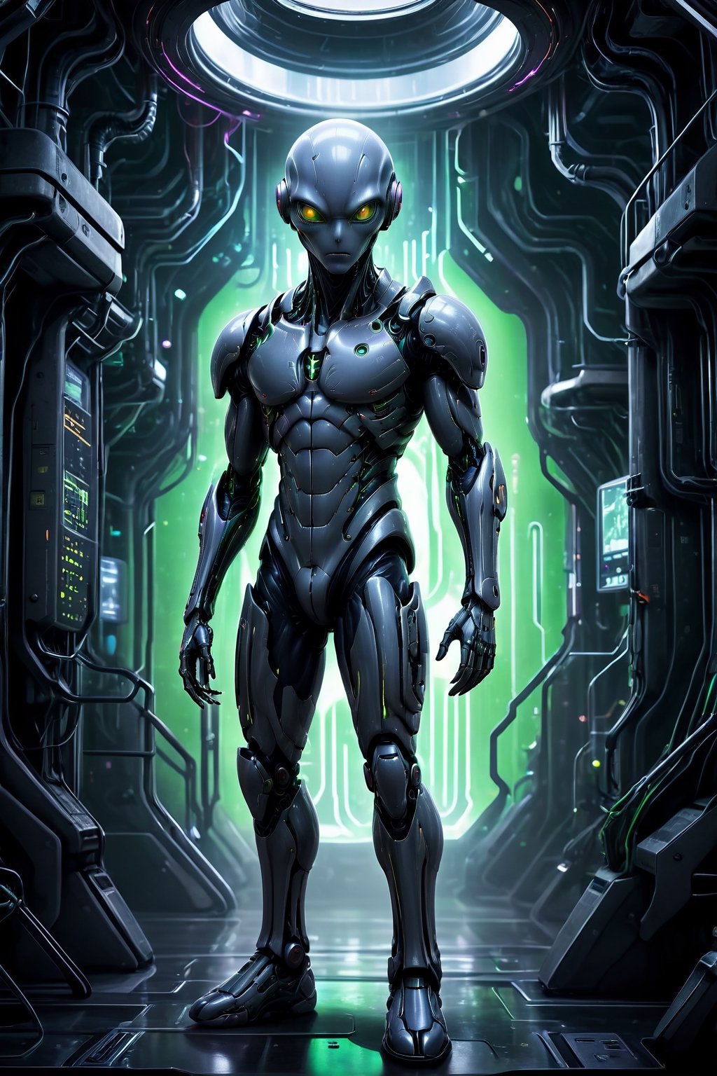 A captivating and futuristic image of a grey alien in an avant-garde style,  reminiscent of alienpunk. The alien is standi...