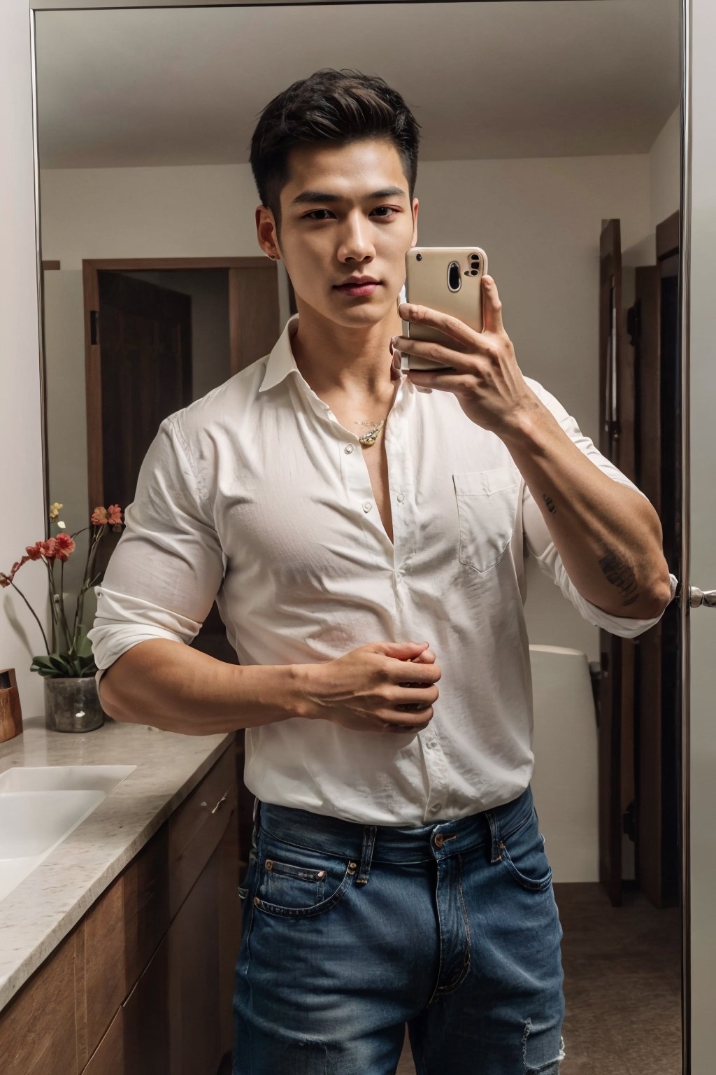 (masterpiece, top quality, best quality, official art, hdr, high contrast, ultra high res), light brown hair, whort pulled back hair, looking at viewer, 1man, solo, a muscular Korean boy, 20yo, tall, great muscular , broad shoulders, biceps, white collared shirt, open shirt, jeans, tan skin, K-pop idol face, handsome, selfie, mirror, 