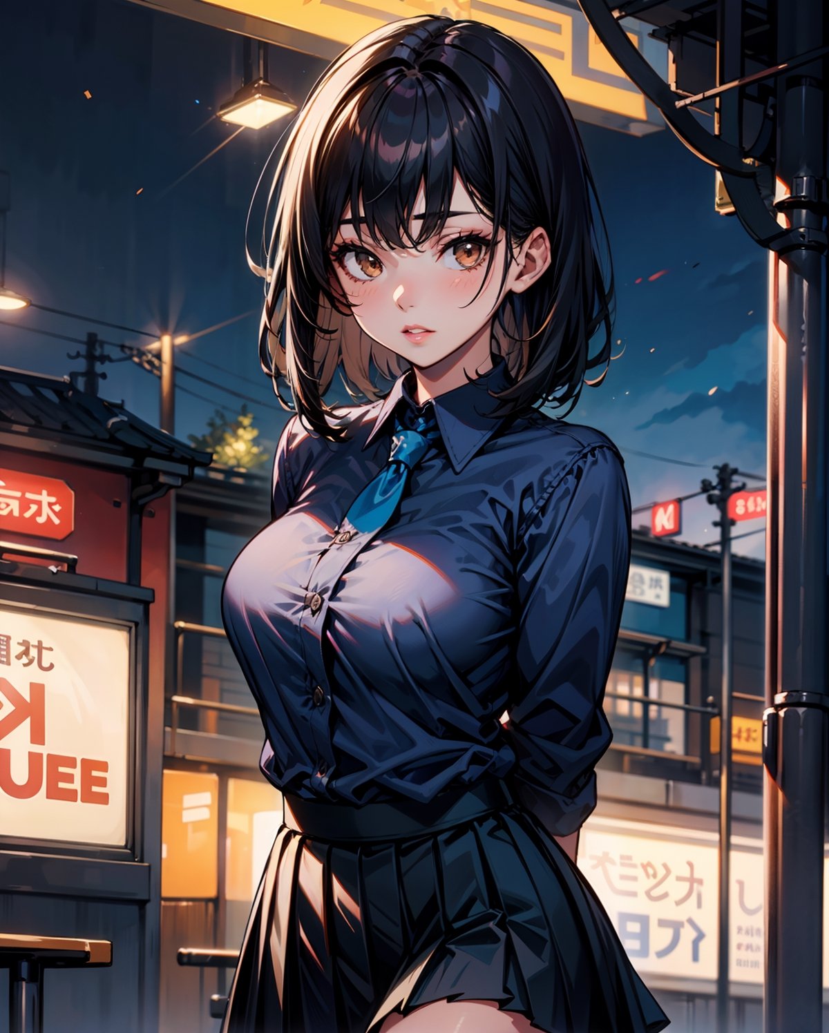 1girl, solo, medium hair, looking at viewer, bangs, large breasts, black hair, straight hair, brown eyes, standing with arms behind back, light blue collared shirt, long sleeve, cowboy shot, black formal tie, blue shirt, lips, black pleated skirt, makeup, girly style, school girl look, arms behind back, realistic, black skirt, in city, stanidng with arms behind back, busty, skinny, 