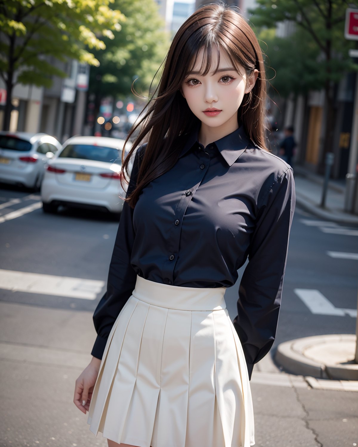 1girl, solo, medium hair, looking at viewer, bangs, large breasts, black hair, straight hair, brown eyes, standing with arms behind back, light blue collared shirt, long sleeve, cowboy shot, black formal tie, blue shirt, lips, black pleated skirt, makeup, girly style, school girl look, arms behind back, realistic, black skirt, in city, stanidng with arms behind back, busty, skinny, ,tan skin