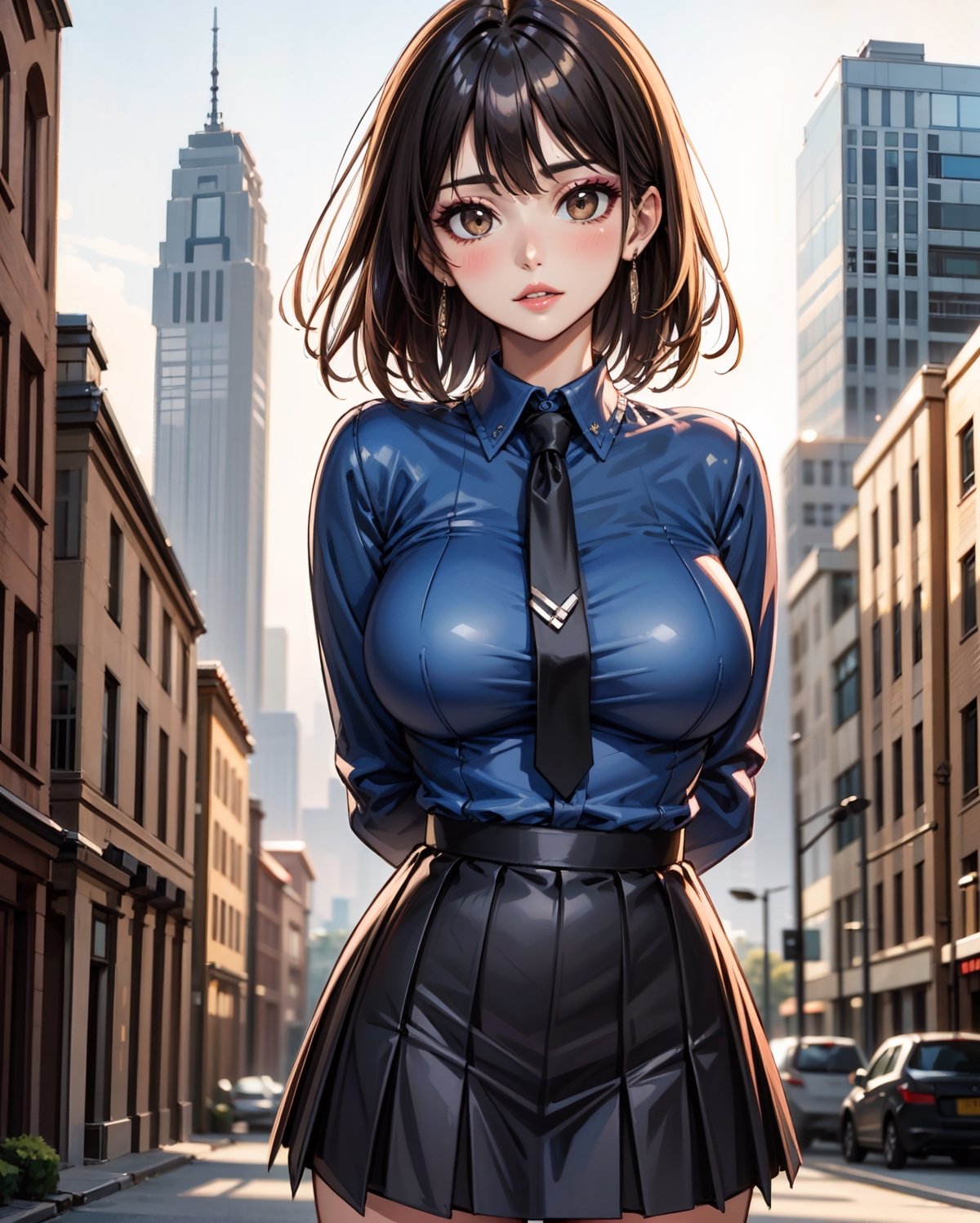 1girl, solo, medium hair, looking at viewer, bangs, large breasts, black hair, straight hair, brown eyes, standing with arms behind back, light blue collared shirt, long sleeve, cowboy shot, black formal tie, blue shirt, lips, black pleated skirt, makeup, girly style, school girl look, arms behind back, realistic, black skirt, in city, stanidng with arms behind back, busty, skinny, 