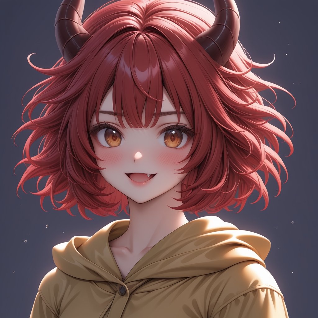 cute dragon girl, cute dragon girl, 18yo, red hair, shiny crimson red hair, short hair, bangs, dragon horns, upper body, weaing a yellow raincoat, bright smile, fang, ,,1dragon girl,<lora:659095807385103906:1.0>