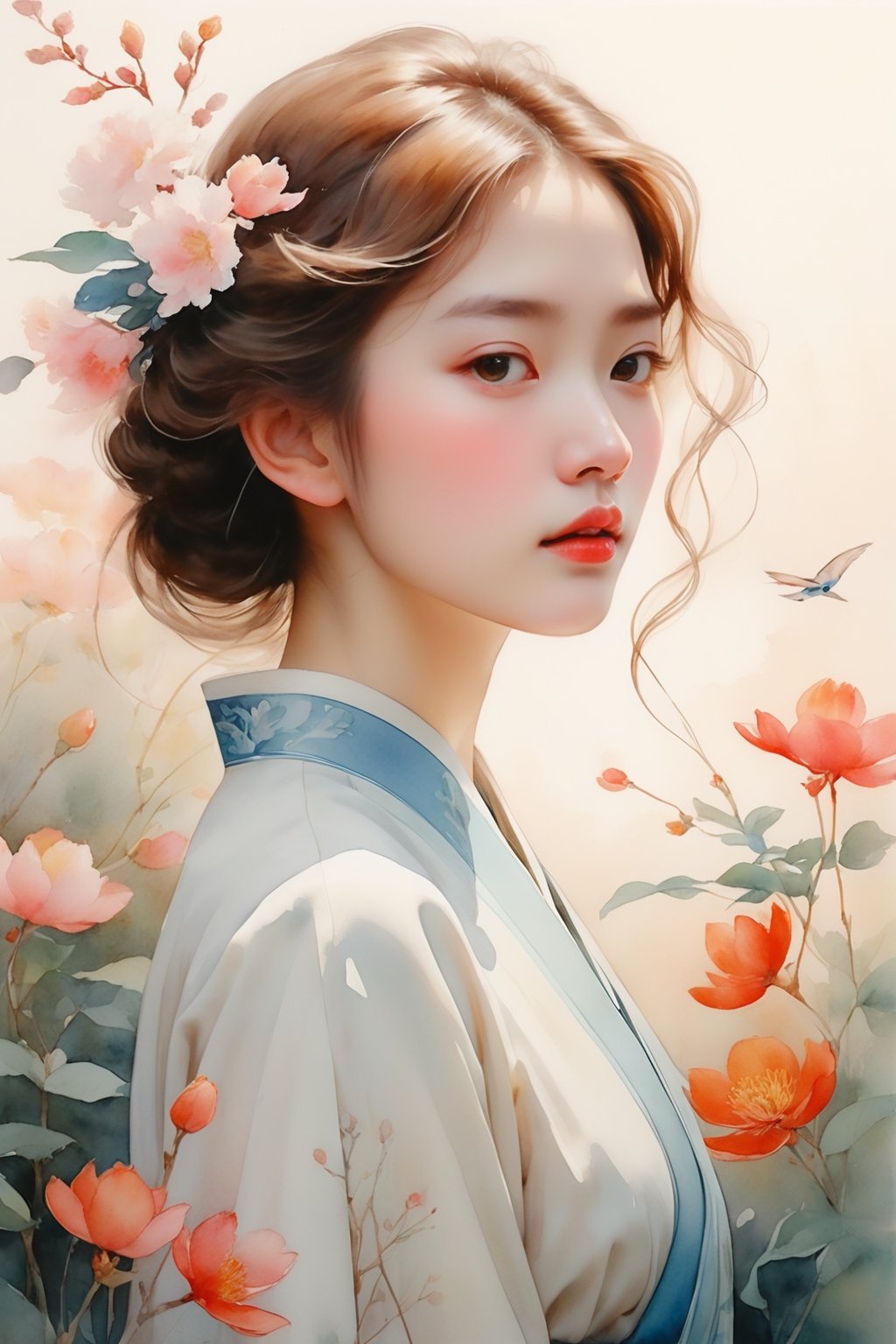 Generate a female portrait illustration inspired by the watercolor artworks of Ping Fan and Chen Shufen, renowned for their delicate portrayal of women. Emulate their style by infusing the portrait with soft, ethereal brushstrokes that convey a sense of tranquility and grace. Focus on capturing the subtle nuances of expression, reflecting both inner strength and vulnerability. Incorporate hints of cultural symbolism or traditional elements that resonate with the viewer, adding depth to the narrative of the portrait. Pay special attention to the interplay of light and color, creating a luminous effect that enhances the subject's natural beauty. Let the portrait evoke a sense of timeless elegance and understated sophistication, reminiscent of the masterpieces by Ping Fan and Chen Shufen.,watercolor \(medium\),watercolor