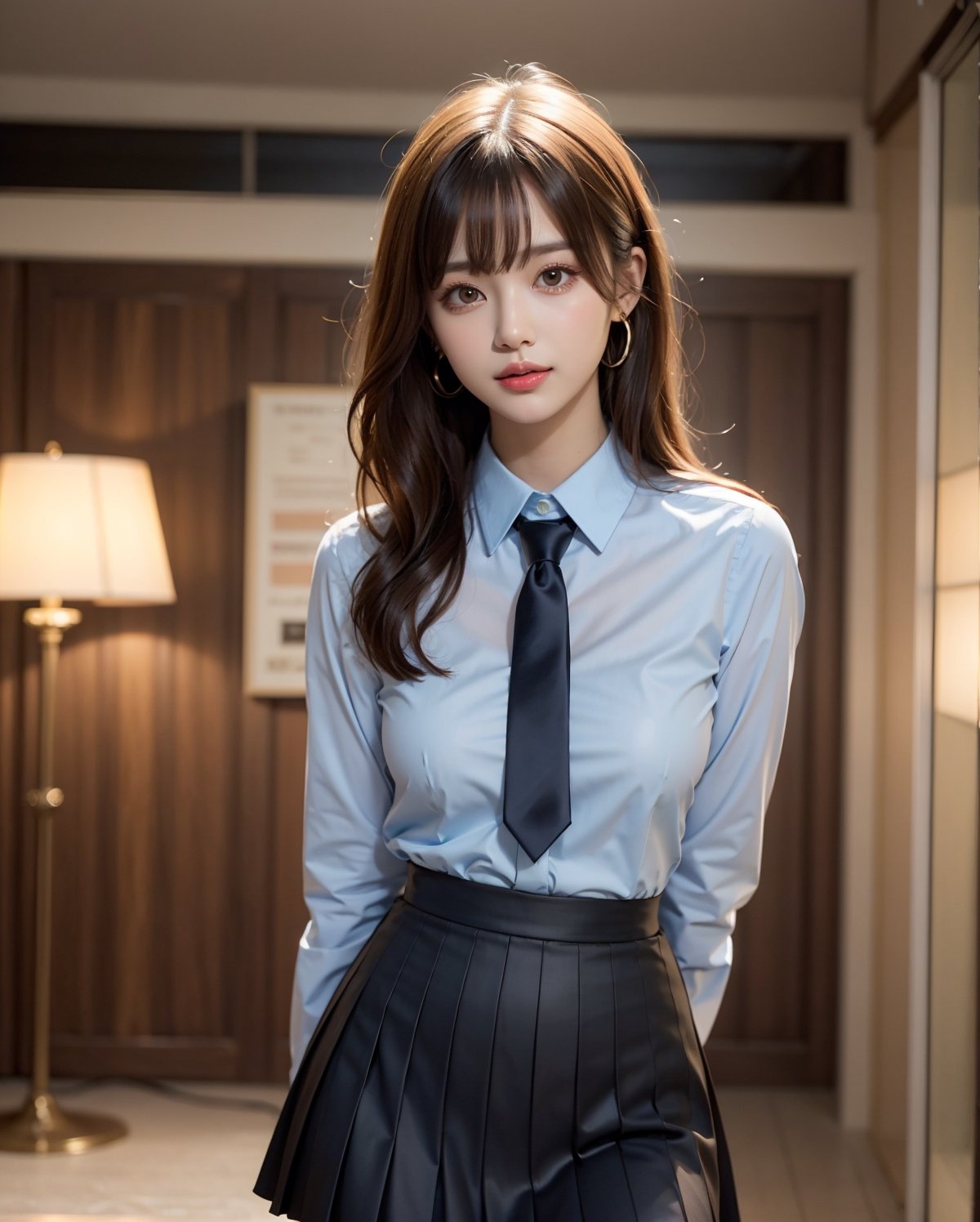 1girl, solo, medium hair, looking at viewer, bangs, large breasts, black hair, straight hair, brown eyes, standing with arms behind back, light blue collared shirt, long sleeve, cowboy shot, black formal tie, blue shirt, lips, black pleated skirt, makeup, girly style, school girl look, arms behind back, realistic, black skirt, in city, stanidng with arms behind back, busty, skinny, 