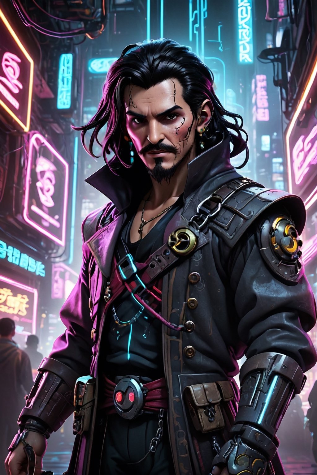 Immerse yourself in the cyberpunk realm as a hyper-realistic illustration materializes, featuring the iconic figure of Captain Hook. At its core, an intricately detailed hook steals the spotlight – a cybernetic marvel with metallic intricacies, intertwined with pulsating LED lights. The captain's weathered hand, a fusion of human resilience and technological augmentation, tightly grips the symbolic hook, embodying a lifetime of gritty battles and clandestine dealings in the digital underbelly. Amidst the backdrop of flickering neon lights and cascading lines of code, this 3D-generated masterpiece captures the essence of Hook's indomitable spirit, symbolizing the intertwining of humanity and technology in the cyberpunk tapestry.