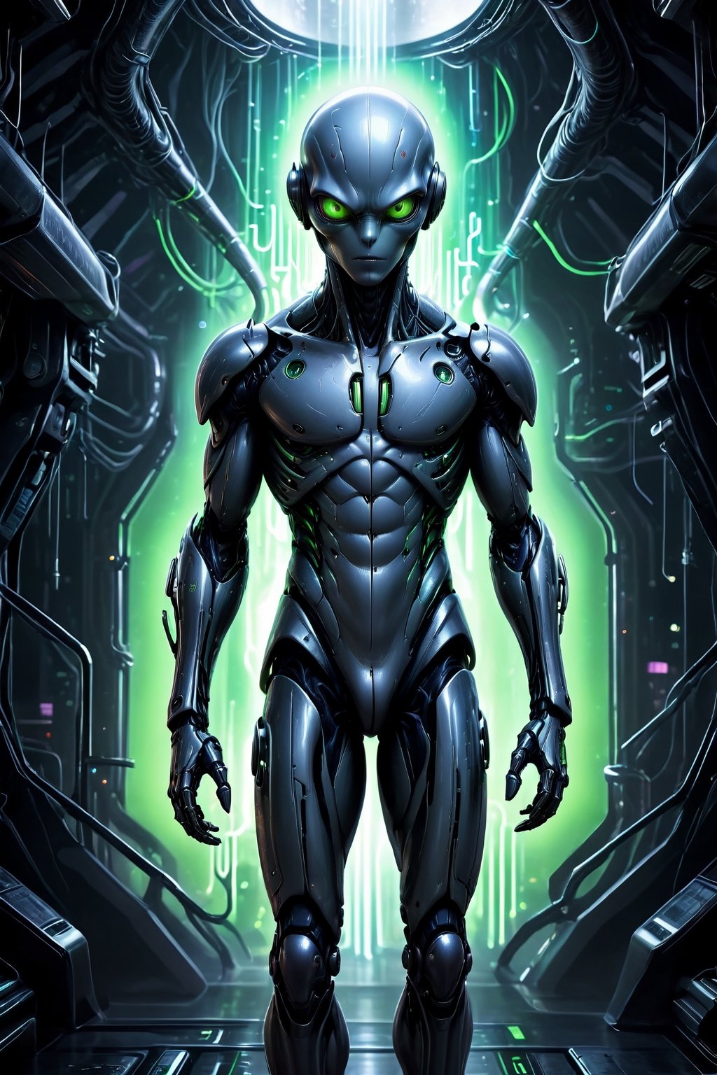 A captivating and futuristic depiction of a grey alien in an avant-garde,  alienpunk style. The alien,  with a metallic si...