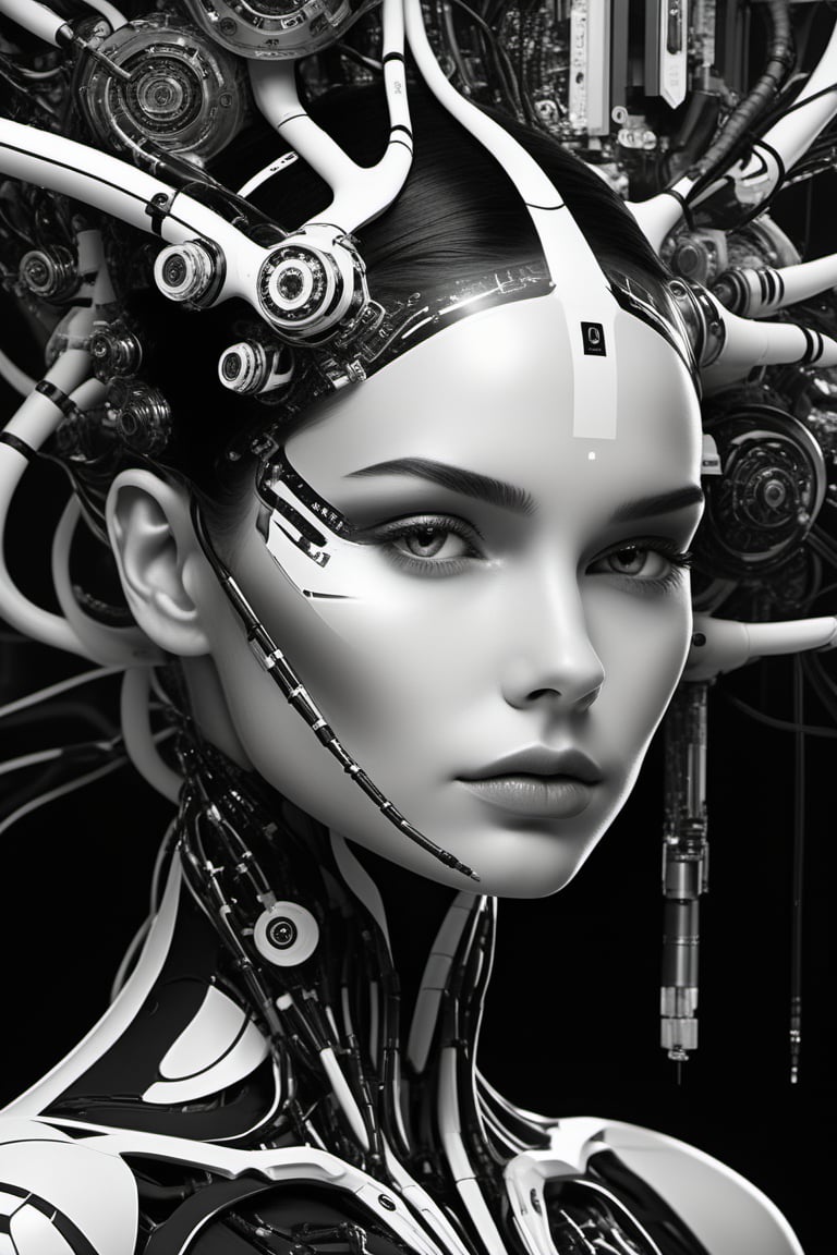 abstract expressionist painting black and white connected cyborg - plant goddess high quality photo,  microchip,  artifici...