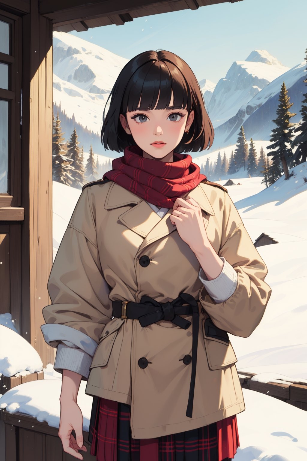 lady, blunt bangs, Cashmere Scarf , (masterpiece, best quality:1.6), art by devinellekurtz, winter, The Scottish Highlands, drawing, warlock