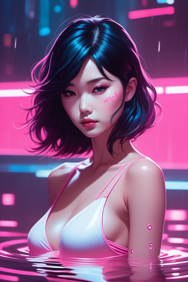 minimalist style lee jin - eun emerging from pink water in cyberpunk theme by ilya kuvshinov and peter mohrbacher,  and m....