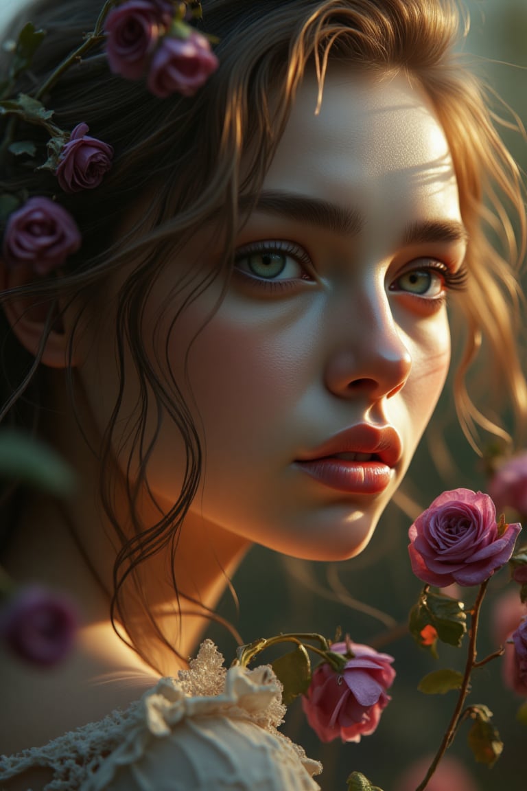 Surreal space, portrait of a beautiful young woman, bony facial shape, big jade green eyes, a small nose and prominent and attractive lips, long brown hair left in the wind, the woman holds long branches of a purple rose in her hand, sunlight from the right side of the image to the face  And the woman's hair is shiny