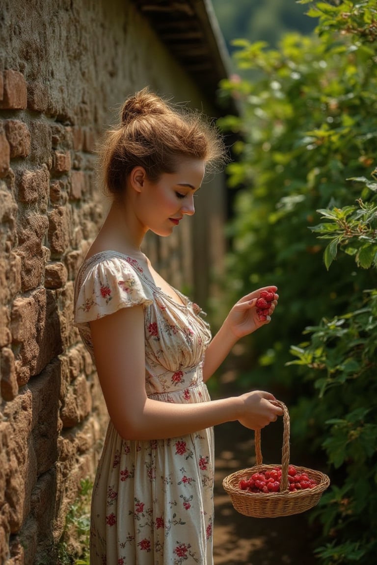 Hyper realism of the image space of a sunny day next to an old brick and mud wall. From the top of the wall, plants with thick backs and wild raspberries are coming down.  A large and elongated beauty in light brown color is standing next to the wall with a wooden basket in her hand picking raspberries. She is wearing a flowery country dress. She is a happy woman with a lively head and full of life energy. The sunlight shines on the woman's face and hair.