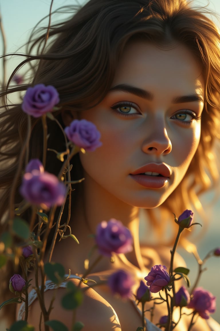 Surreal space, portrait of a beautiful young woman, bony facial shape, big jade green eyes, a small nose and prominent and attractive lips, long brown hair left in the wind, the woman holds long branches of a purple rose in her hand, sunlight from the right side of the image to the face  And the woman's hair is shiny