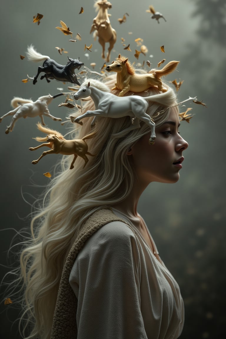 The surreal atmosphere of a beautiful young woman, her thoughts like unruly horses in white, black and brown colors have come out of her mind and head and are moving in different directions.