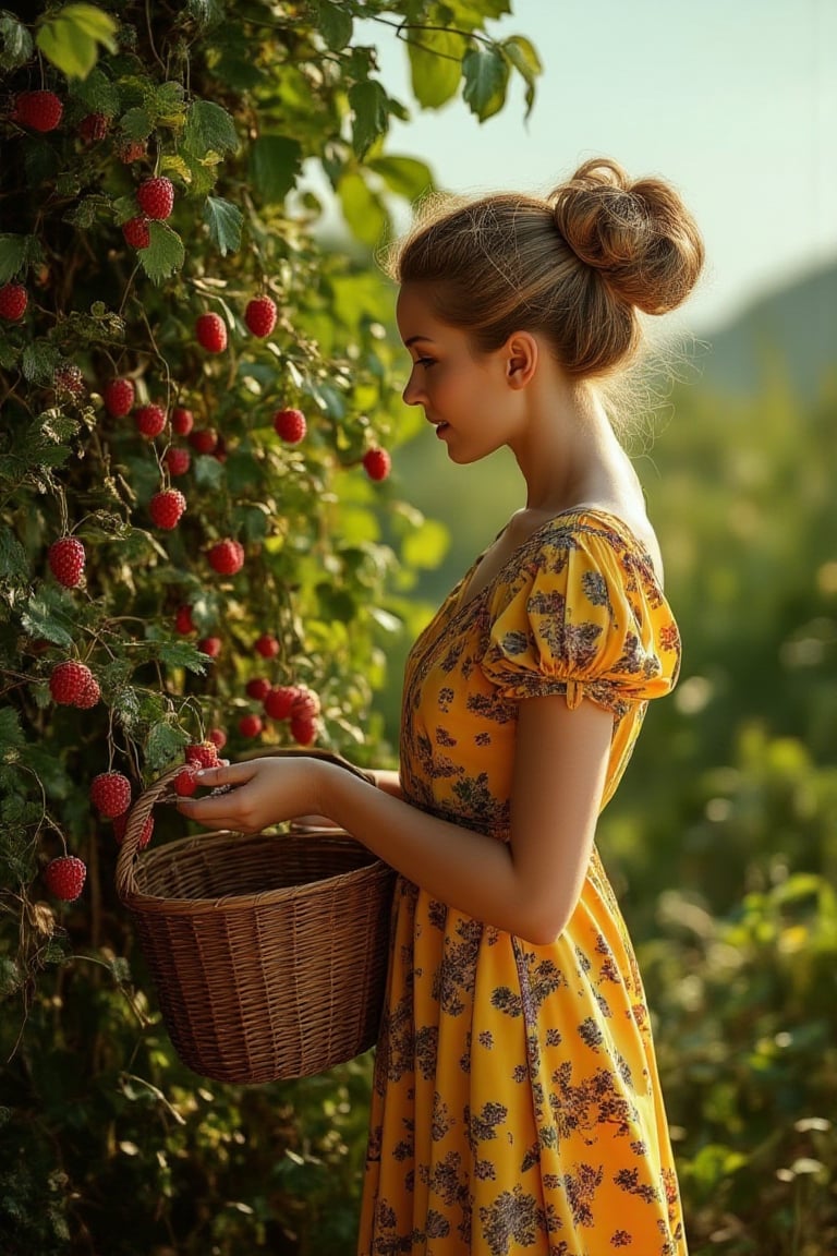 Hyper realism of the image space of a sunny day next to an old brick and mud wall. From the top of the wall, plants with thick backs and wild raspberries are coming down.  A large and elongated beauty in light brown color is standing next to the wall with a wooden basket in her hand picking raspberries. She is wearing a flowery country dress. She is a happy woman with a lively head and full of life energy. The sunlight shines on the woman's face and hair.