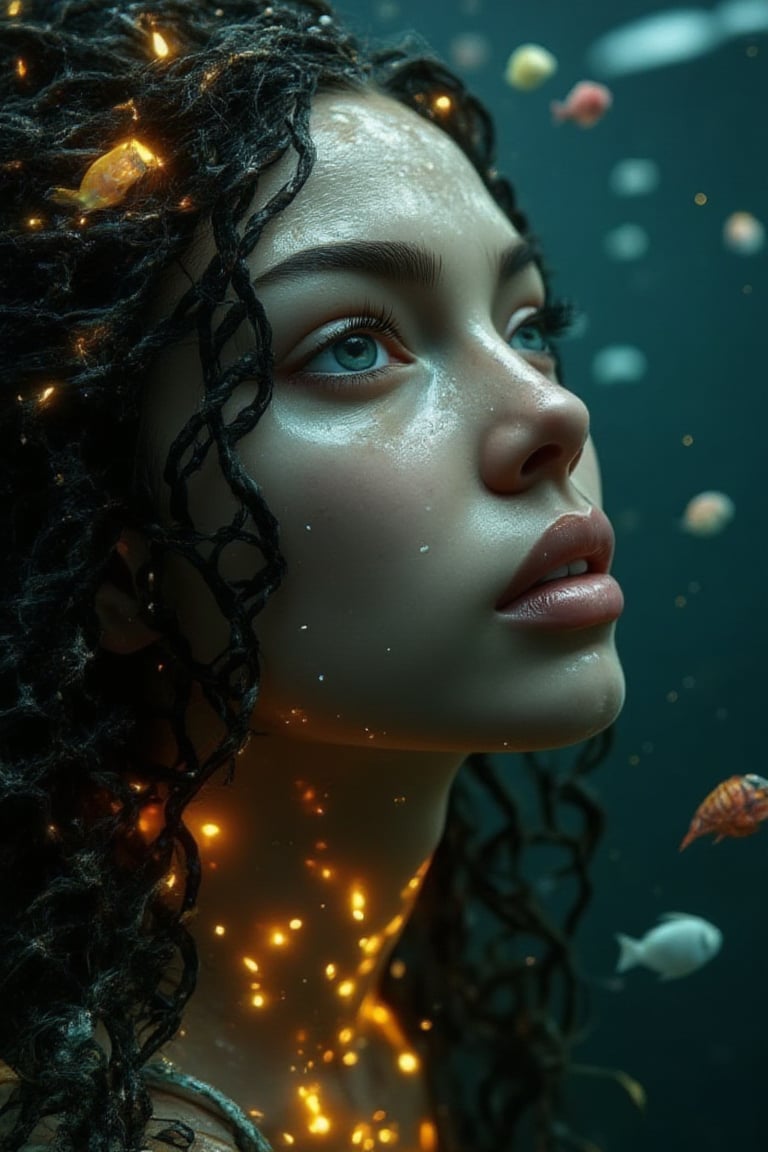 Hyper-realism, a dreamlike atmosphere, narrow lights shining from above, the face of a beautiful young woman with big eyes, hair disturbed in the water waves, colorful fishes and shells, corals and algae can be seen in the woman's hair, the woman is in a poetic mood and  He looks romantically