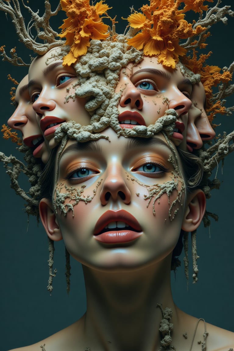 The surreal space of a beautiful young woman's face in a chaotic and disturbed state, mental ruminations and confused thoughts and overthinking of the woman, like the faces of different people with various emotions, have come out from the top of the woman's head and on the left and right side of the woman's head.