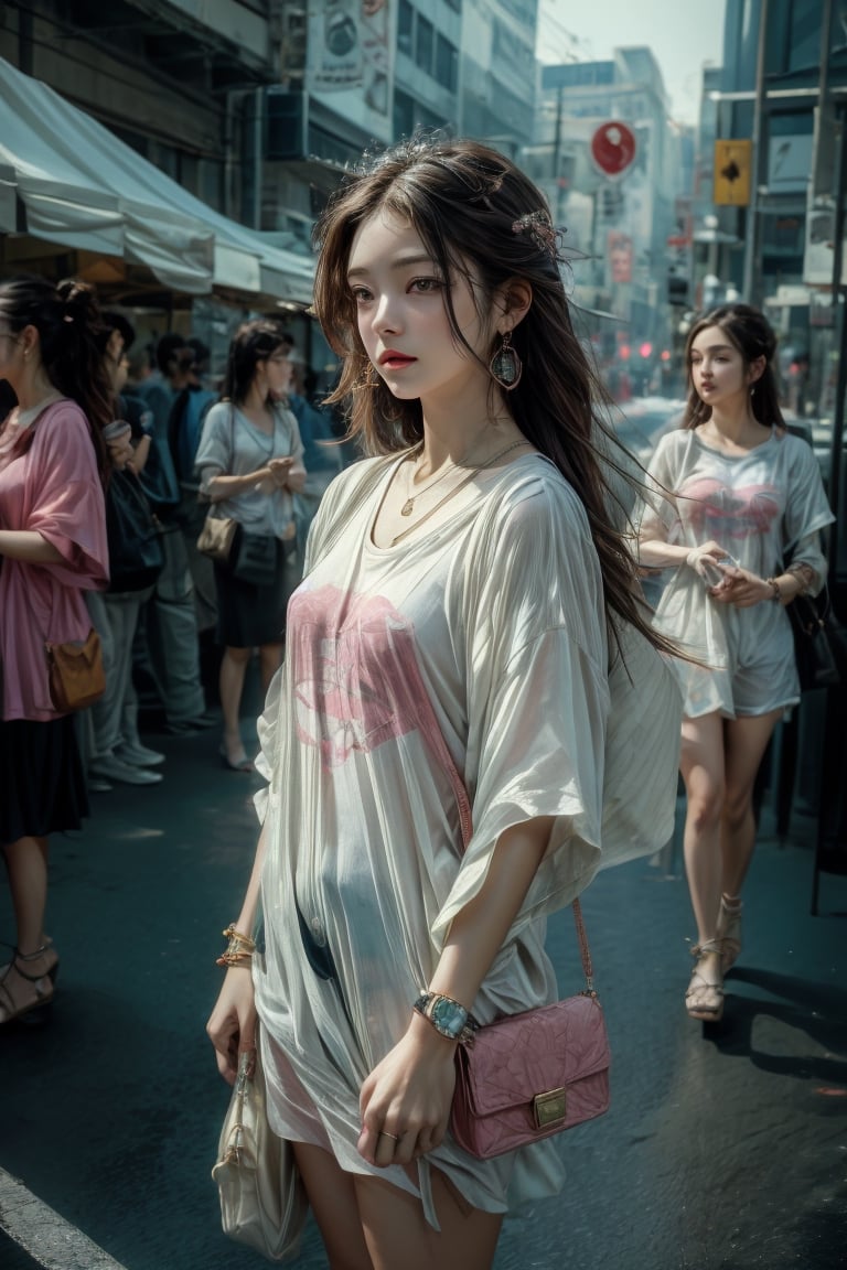 Medium body shot,  ((masterpiece, best quality, ultra detailed, absurdres):1.5) 1girl, solo, long hair, ((bottomless:1.1)), brown hair, (t-shirt, jewelry, pink t-shirt), short sleeves ,necklace, bag, bracelet, watch, handbag, wristwatch,sleepy, standing_up, road, city, traffic