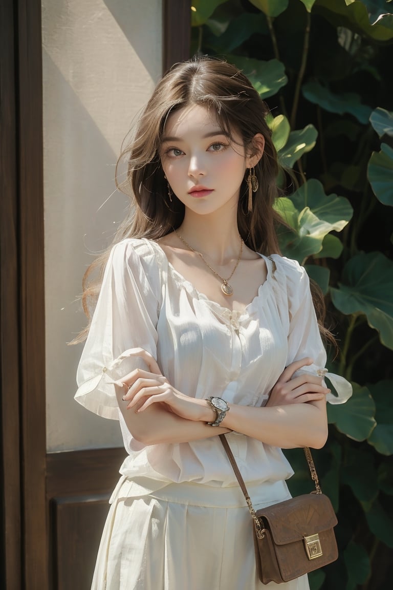 Medium body shot,  ((masterpiece, best quality, ultra detailed, absurdres):1.5) 1girl, solo, long hair, skirt, brown hair, shirt, jewelry, white shirt, short sleeves, necklace, bag, bracelet, see-through, watch, handbag, head out of frame, wristwatch,(arms_crossed)