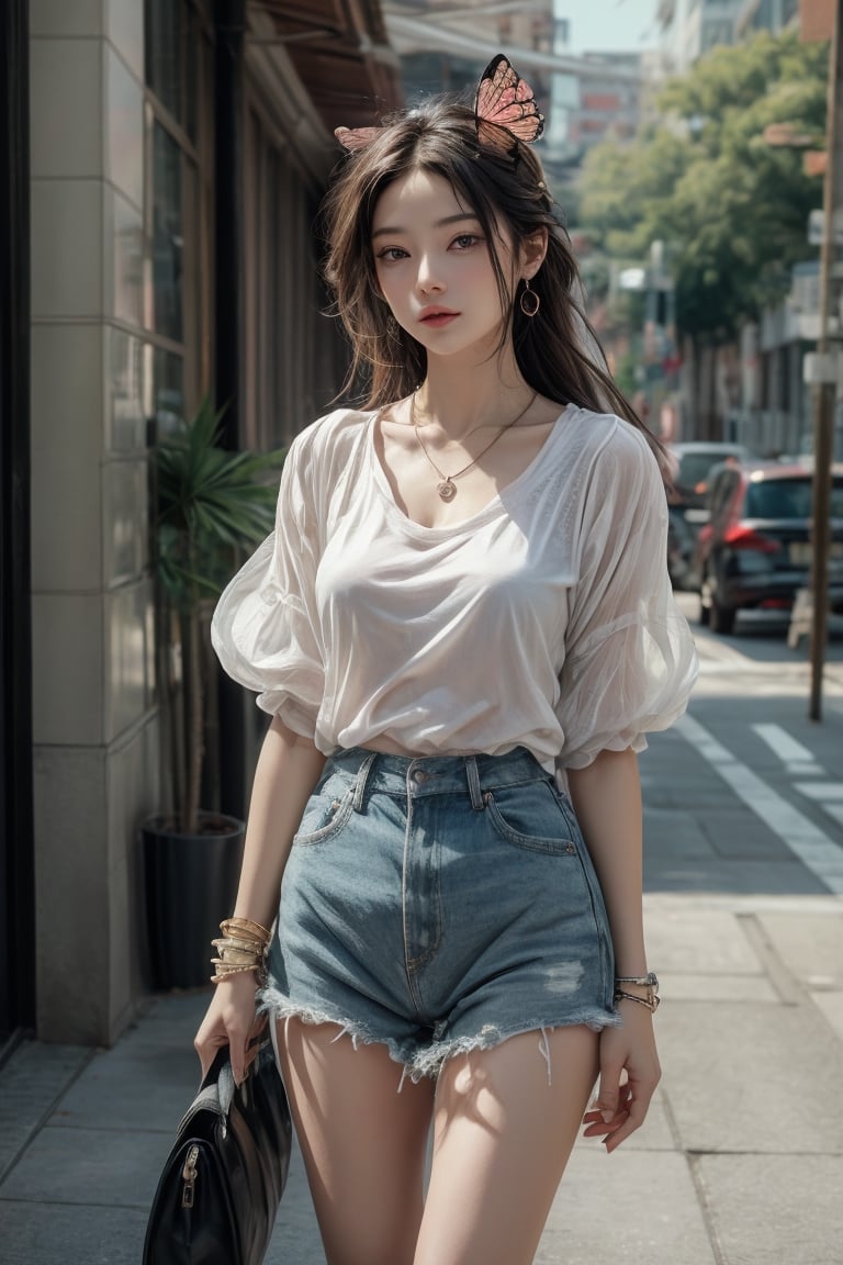 Medium body shot,  ((masterpiece, best quality, ultra detailed, absurdres):1.5) 1girl, solo, long hair, ((bottomless:1.1)), brown hair, (t-shirt, jewelry, pink t-shirt), short sleeves ,necklace, bag, bracelet, watch, handbag, wristwatch,sleepy, standing_up, road, city, traffic,Nice legs and hot body, butterfly_sleeves