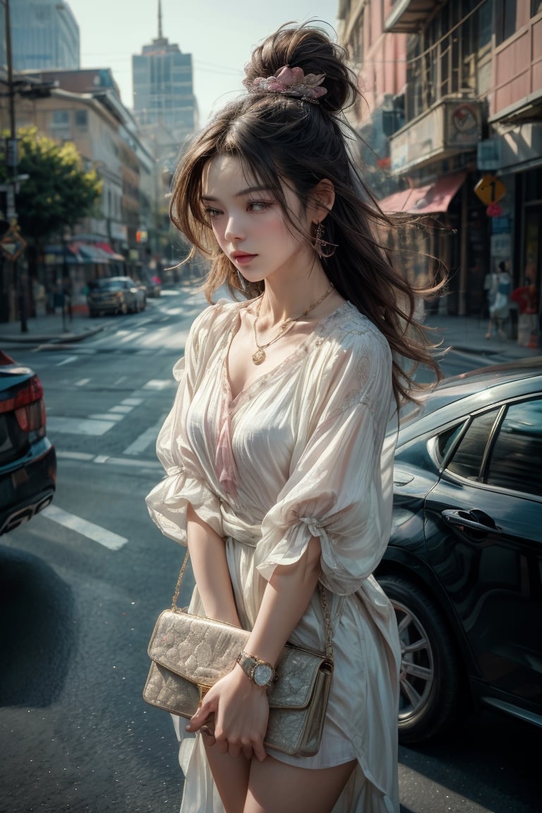 Medium body shot,  ((masterpiece, best quality, ultra detailed, absurdres):1.5) 1girl, solo, long hair, ((bottomless)), brown hair, (blouse, jewelry, pink blouse), short sleeves ,necklace, bag, bracelet, watch, handbag, wristwatch,sleepy, standing_up, road, city, traffic,Nice legs and hot body, butterfly_sleeves