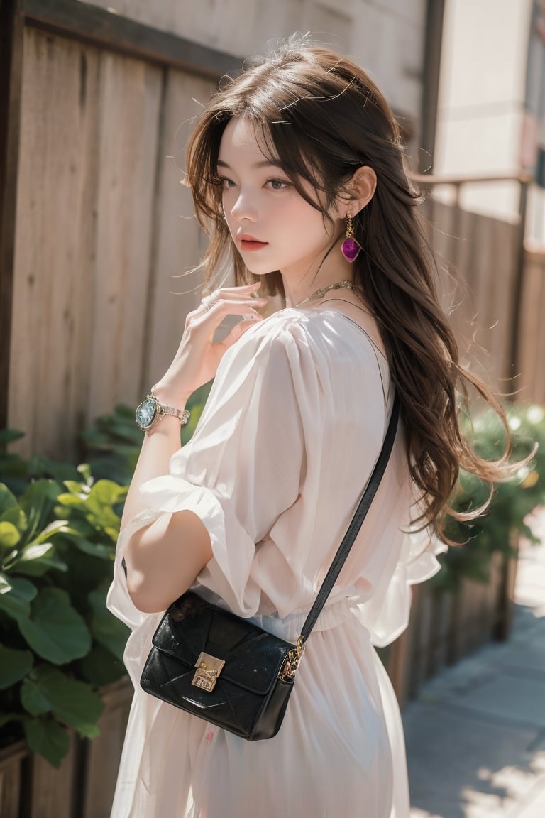 Medium body shot,  ((masterpiece, best quality, ultra detailed, absurdres):1.5) 1girl, solo, long hair, (bottomless), brown hair, (blouse, jewelry, pink blouse), short sleeves ,necklace, bag, bracelet, watch, handbag, wristwatch,sleepy,viewed_from_behind