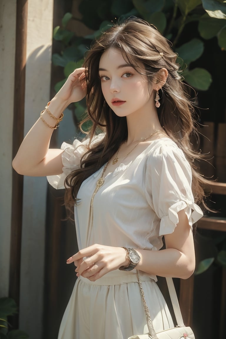 Medium body shot,  ((masterpiece, best quality, ultra detailed, absurdres):1.5) 1girl, solo, long hair, skirt, brown hair, shirt, jewelry, white shirt, short sleeves, necklace, bag, bracelet, see-through, watch, handbag, head out of frame, wristwatch,(hands_above_head)