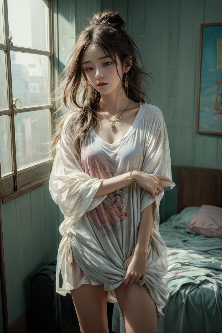 Medium body shot,  ((masterpiece, best quality, ultra detailed, absurdres):1.5) 1girl, solo, long hair, ((bottomless:1.1)), brown hair, (t-shirt, jewelry, pink t-shirt), short sleeves ,necklace,sleepy, standing_up, bed