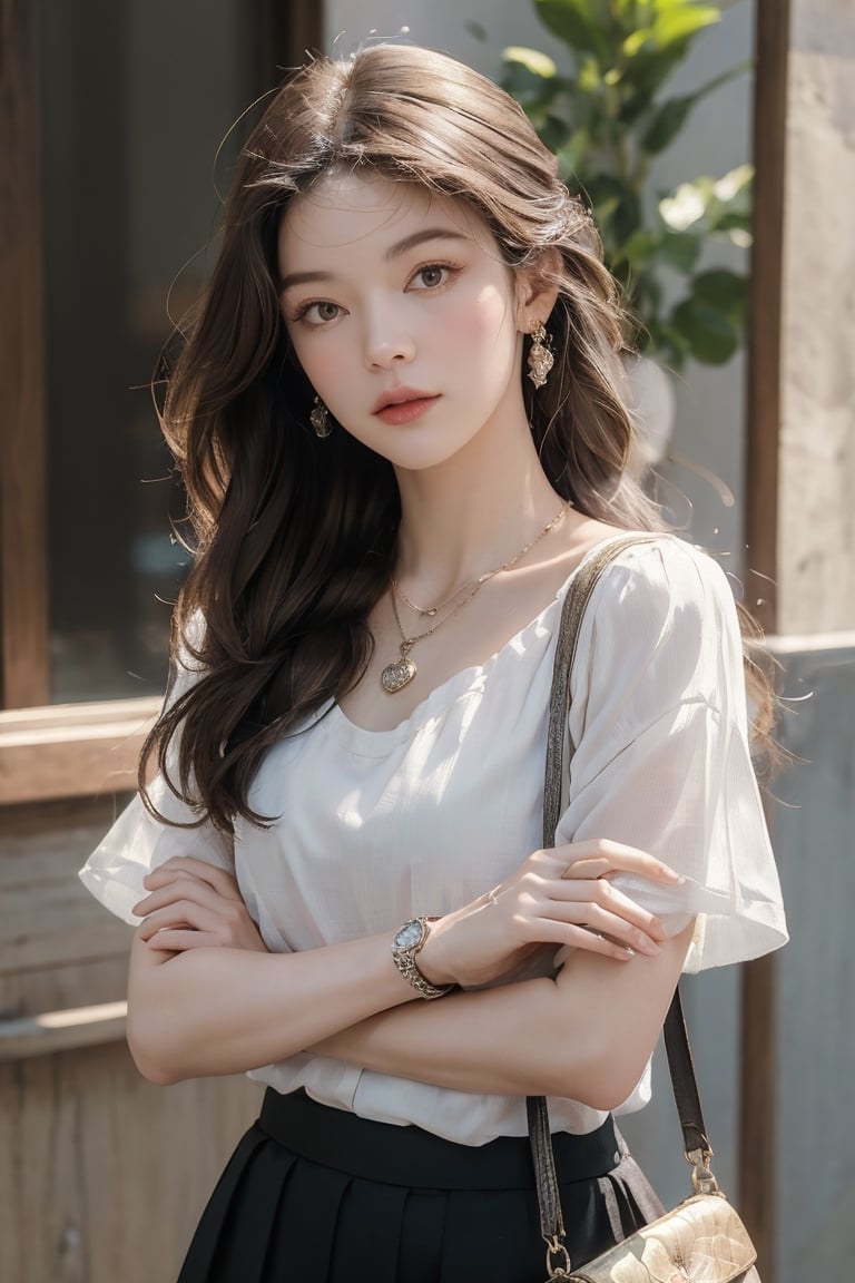 ((masterpiece, best quality, ultra detailed, absurdres):1.5) 1girl, solo, long hair, skirt, brown hair, shirt, jewelry, white shirt, short sleeves, necklace, bag, bracelet, see-through, watch, handbag, head out of frame, wristwatch,facing_viewer,arms_crossed