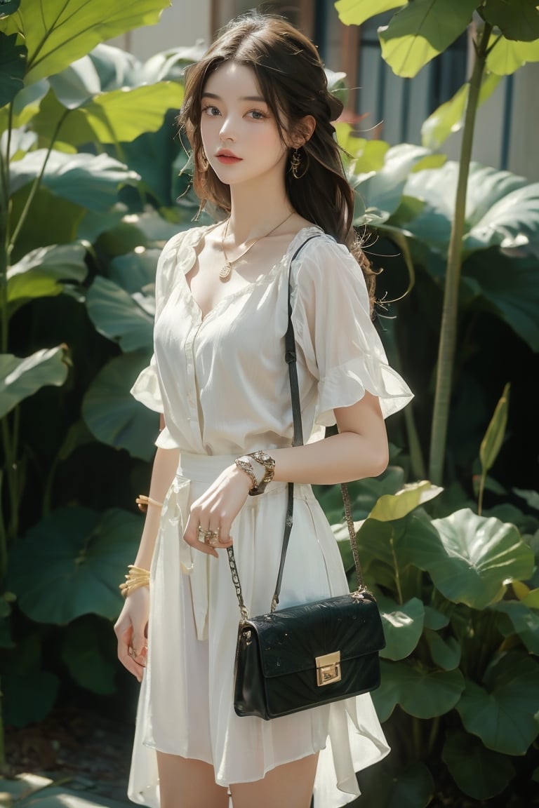 Full body shot,  ((masterpiece, best quality, ultra detailed, absurdres):1.5) 1girl, solo, long hair, skirt, brown hair, shirt, jewelry, white shirt, short sleeves, necklace, bag, bracelet, see-through, watch, handbag, head out of frame, wristwatch