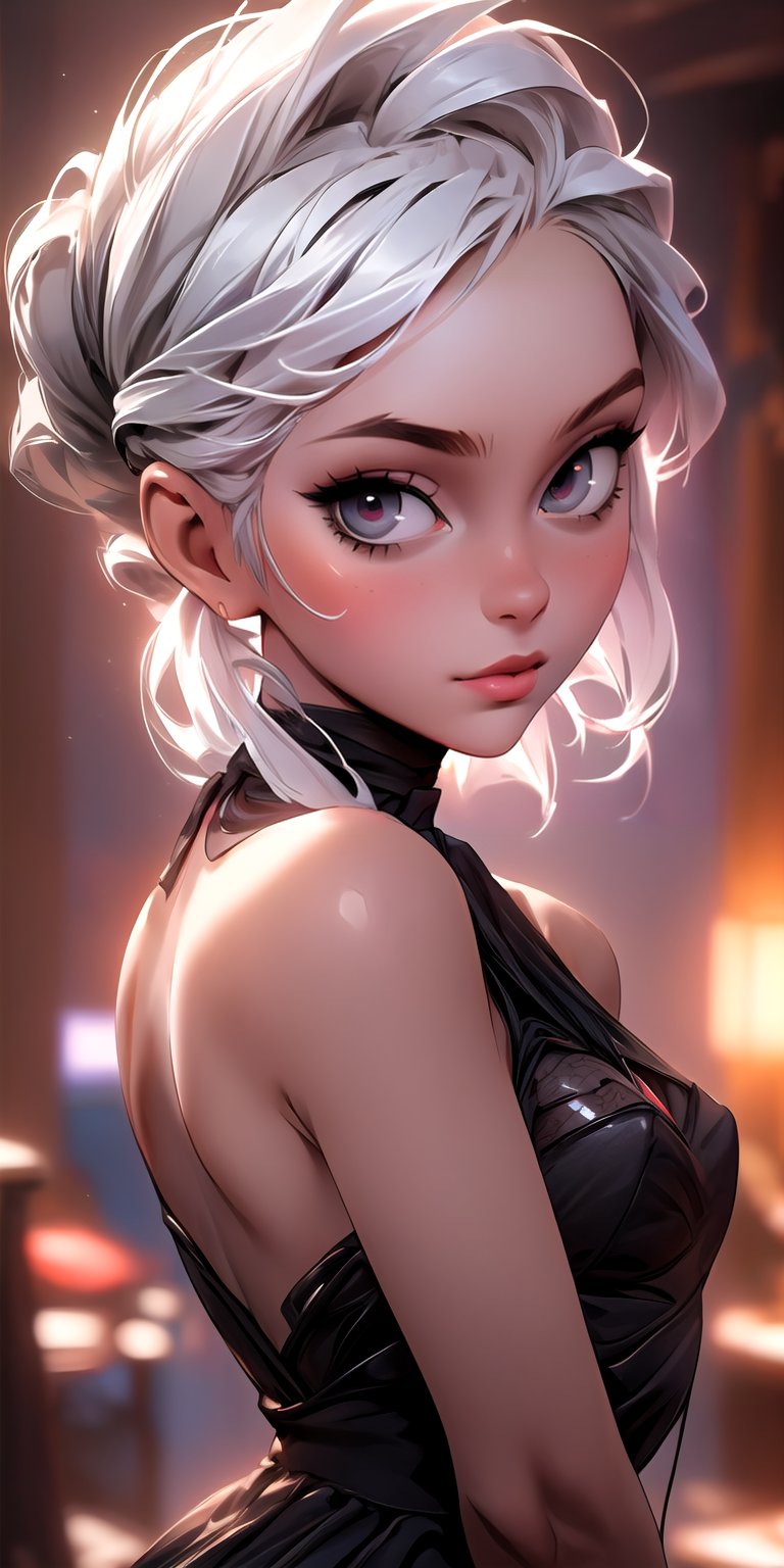 (best quality, masterpiece), 1girl, looking at viewer, blurry background, upper body, ciberpunk, dress, white hair up

