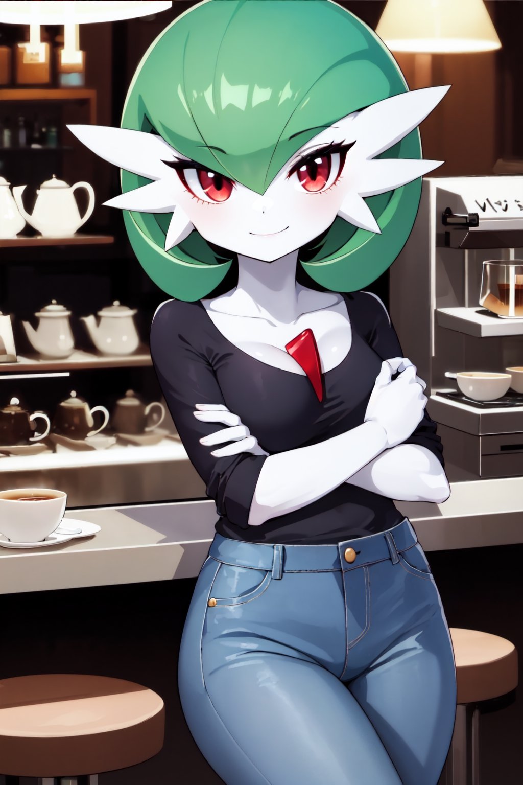 Gardevoir, White skin, red eyes, green hair, short hair, breasts, solo, shiny skin, eyelashes, black shirt, no_sleeves, jeans, shiny, collarbone, looking at viewer, smile, happy, café