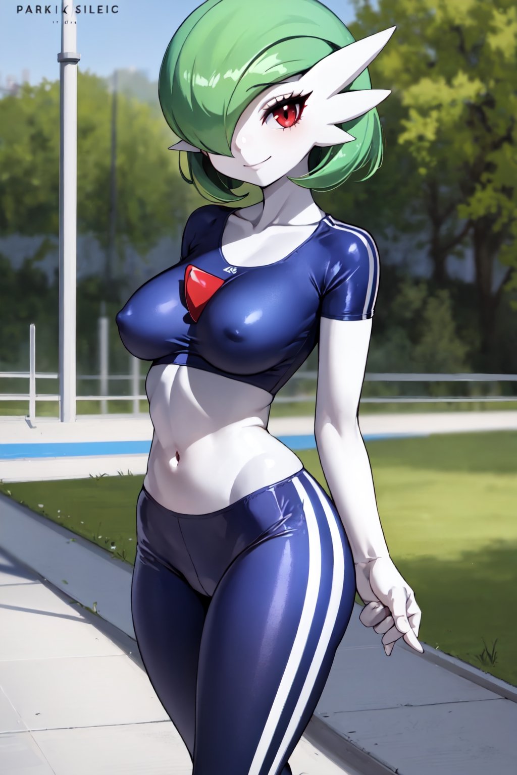 Gardevoir, White skin, red eyes, green hair, short hair, breasts, solo, shiny skin, eyelashes, sport shirt, sport pants, shiny, collarbone, looking at viewer, smile, happy, park, outdoors