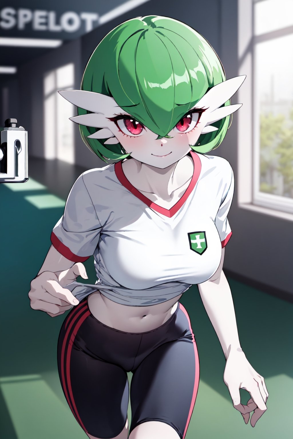 Gardevoir, White skin, red eyes, green hair, short hair, breasts, solo, shiny skin, eyelashes, sport shirt, sport pants, shiny, collarbone, looking at viewer, smile, happy, gym, indoors