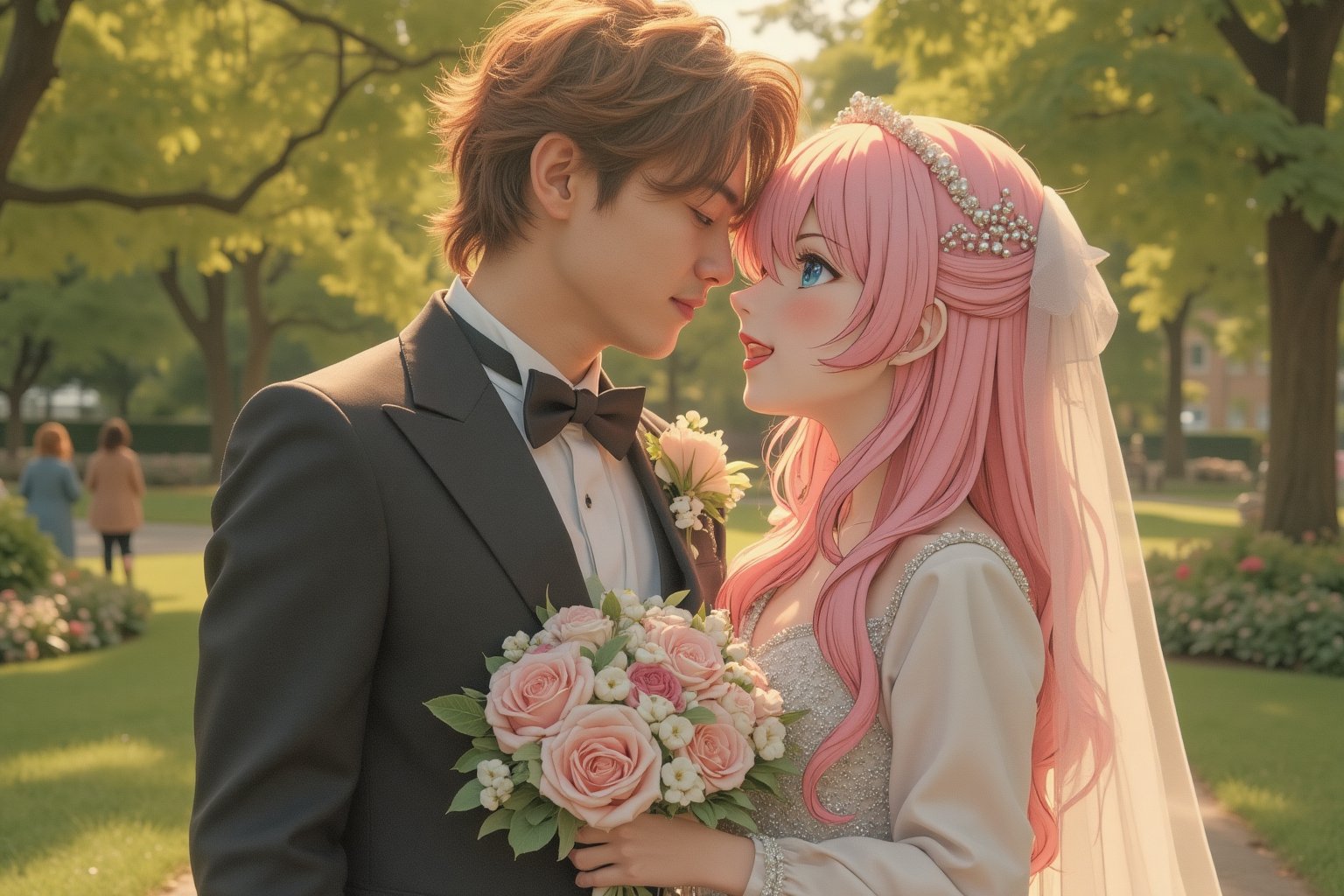 on a park,  a real-world 40-year-old boy with messy brown hair alongside an anime-inspired 40-year-old girl with vibrant pink locks and sparkling blue eyes. The two being dressed as weddings to get married together