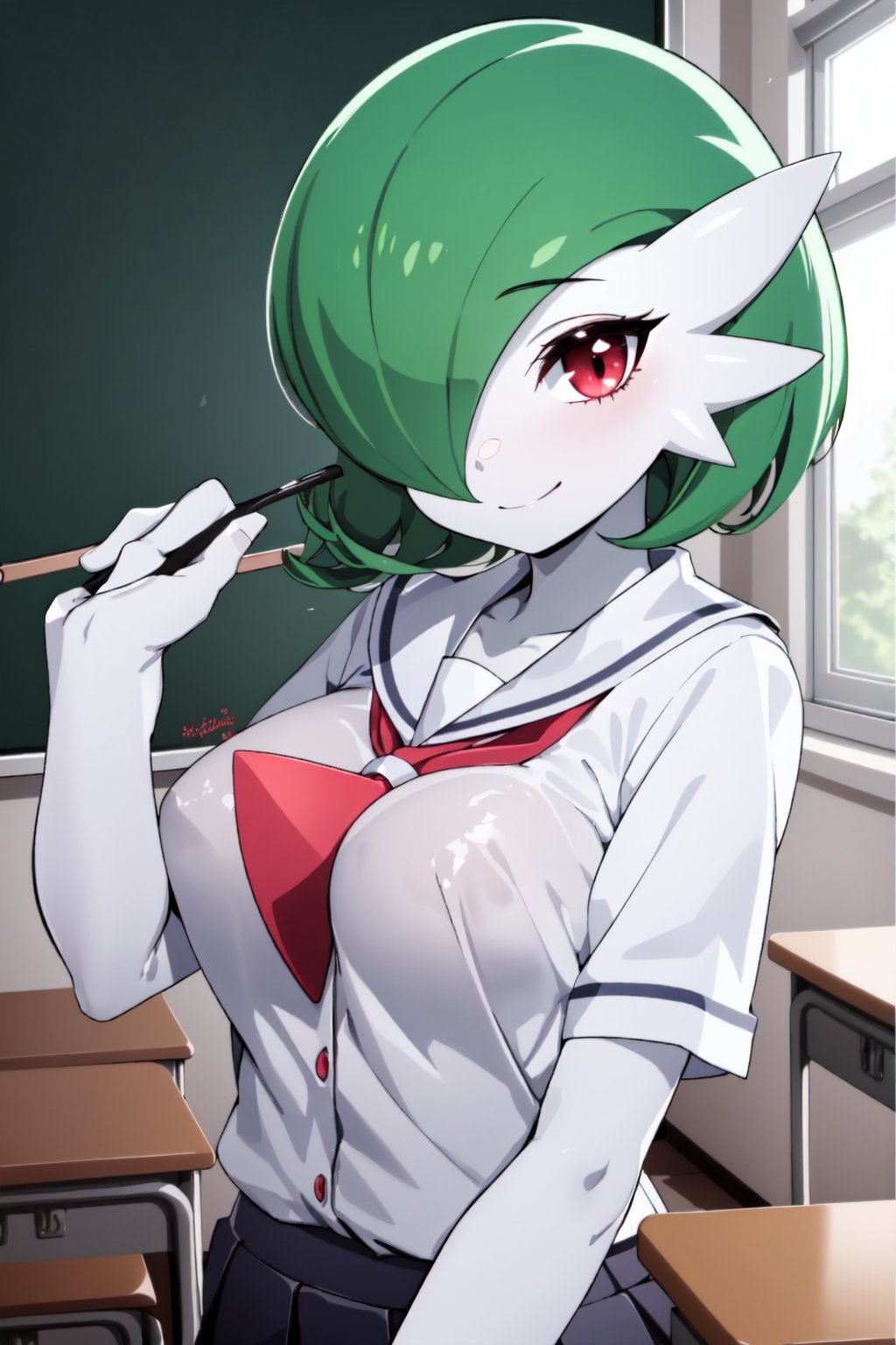 Gardevoir, White skin, red eyes, green hair, short hair, breasts, solo, shiny skin, eyelashes, school_uniform , looking at viewer, smile, happy, classroom 